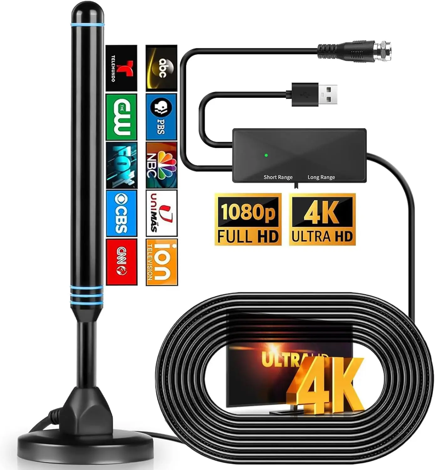 TV-Antenne für Innenräume mit Großer Reichweite von 900 Meilen, Unterstützt 4K 1080p Smart TV Signalempfang mit Signalverstärker und 16ft HDTV-Koaxialkabel