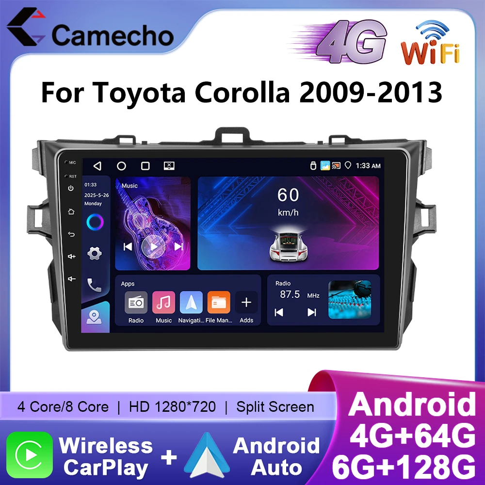 Camecho 6 + 128G Für Toyota Corolla 2009-2013 Auto Radio Drahtlose CarPlay Android Auto GPS Stereo 4G Wifi Auto Multimedia Player Image