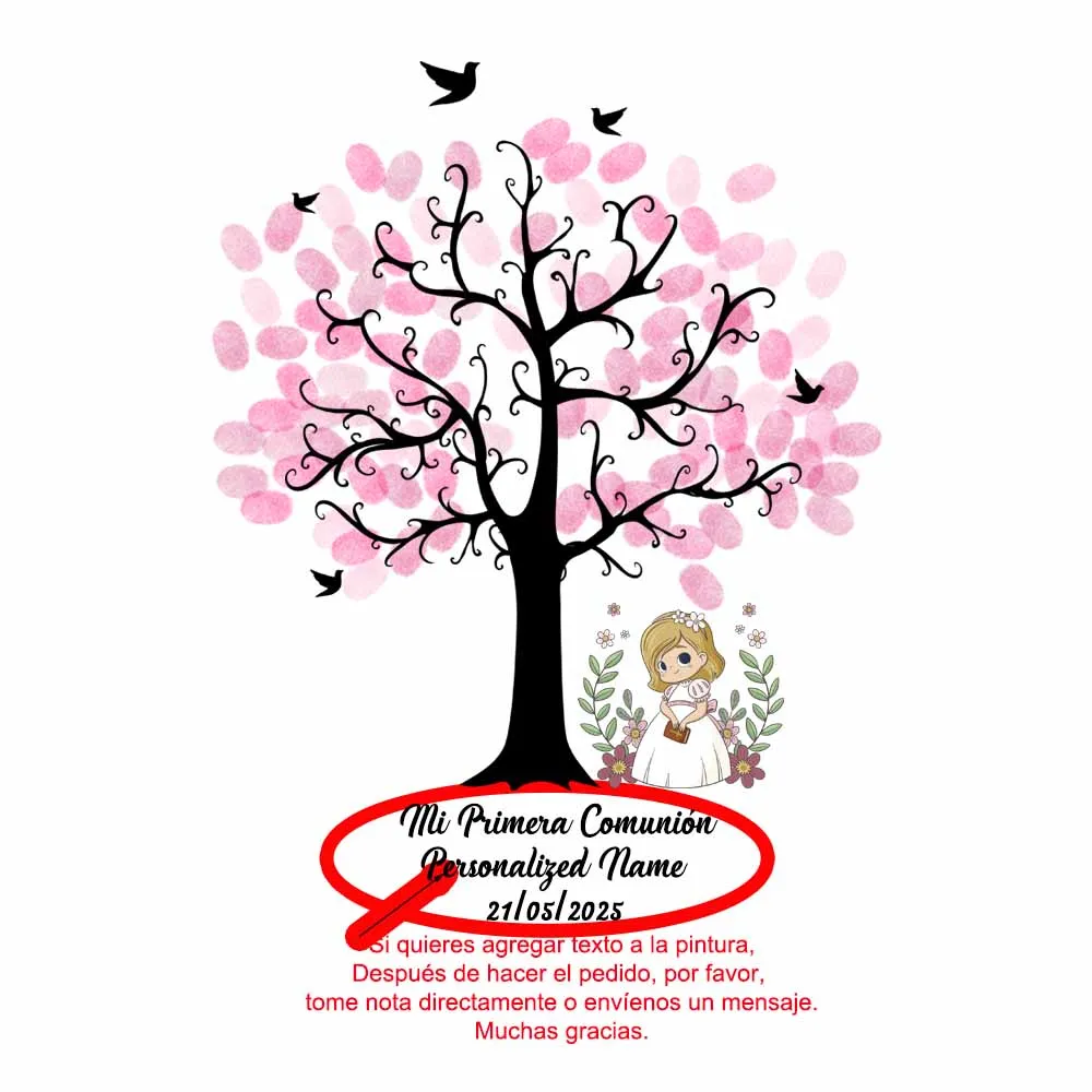 Personalisiertes Namens- und Datums-Fingerabdruck-Baum-Signierbuch aus Leinwand für Kinder, Mädchen, Jungen, Geburtstagsfeiern, Geschenk, Dekoration für meine erste heilige Kommunion Image