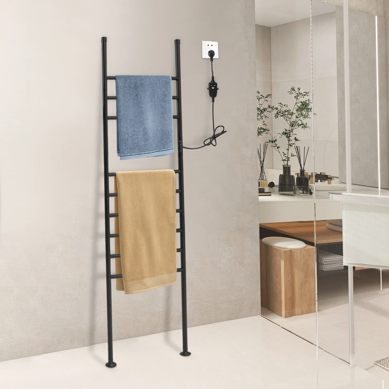 150 W elektrischer Handtuchwärmer aus Edelstahl, wasserdicht, schnelles Aufheizen – 9-Stab-Backlack & IPX4 & 45-70 ℃ Präzisionssteuerung Image