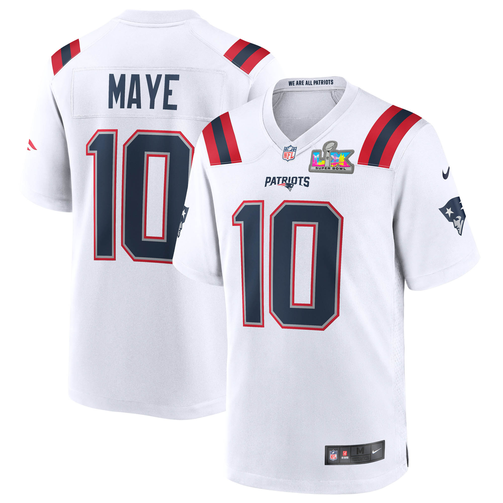 Nike Herren-Trikot mit Drake Maye-Logo, weiß, New England Patriots, Super Bowl LX Patch Image