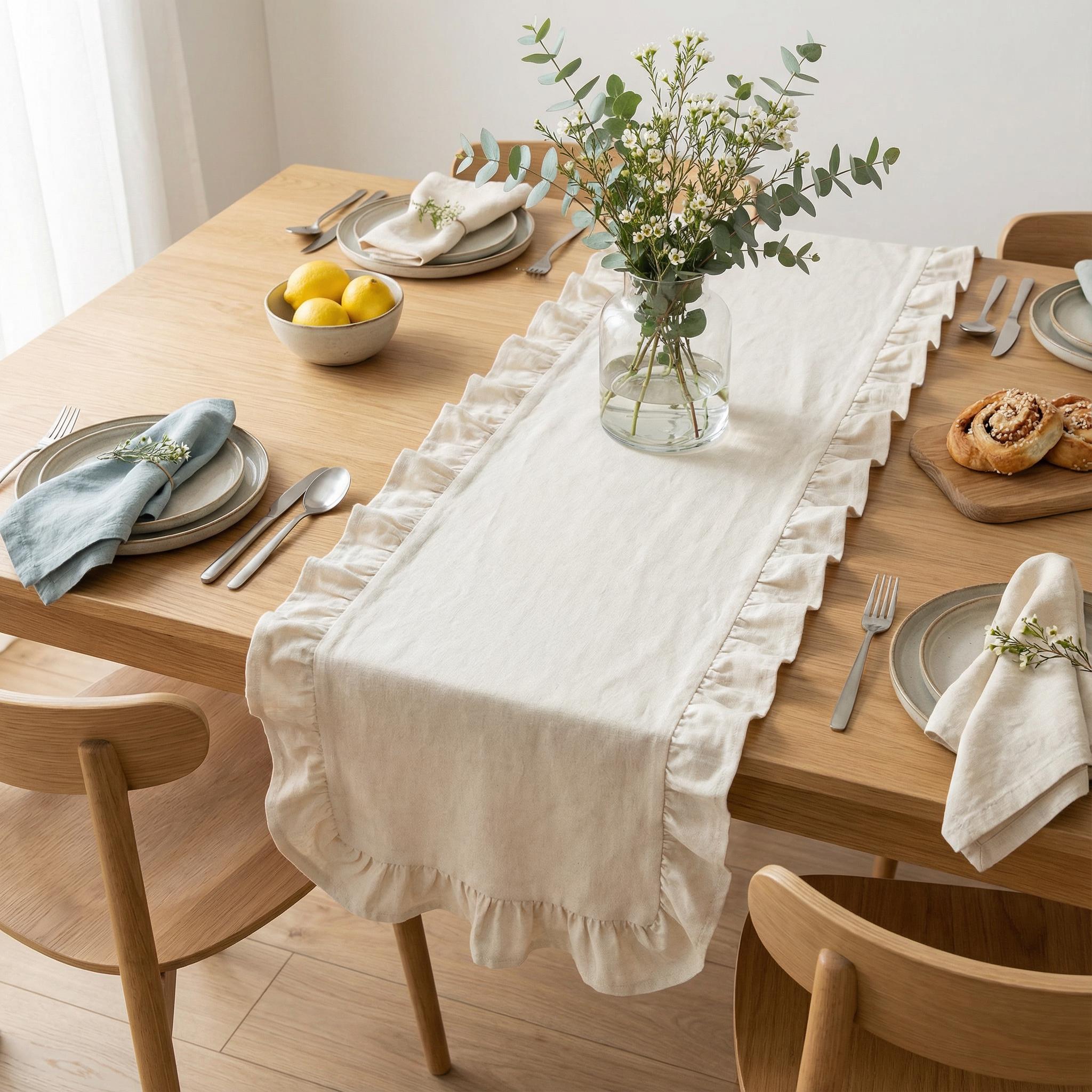 Runner da tavolo arricciato, runner da tavolo extra lungo, runner da tavolo scandinavo in lino, runner da tavolo personalizzato