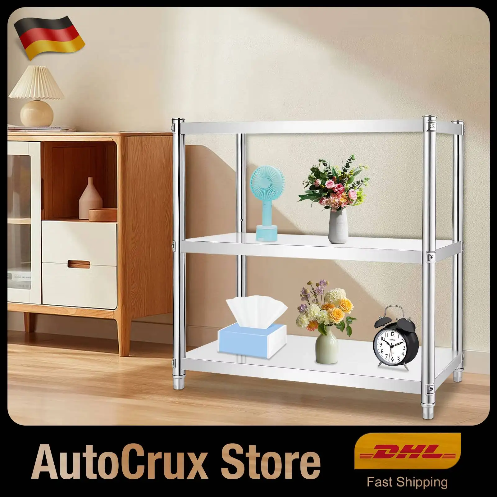 Metallregal, 3-stöckiges Aufbewahrungsregal aus Edelstahl, 80 x 80 x 40 cm, Ständer aus Edelstahl 201, robustes Mehrzweckregal