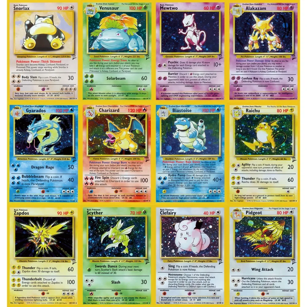 Pokémon-Karten Basis-Set 2 Holo Seltene Karten Glurak Blastoise Venusaur Mewtu Raichu Gyarados Snorlax Pokémon PTCG-Karten Geschenk Image