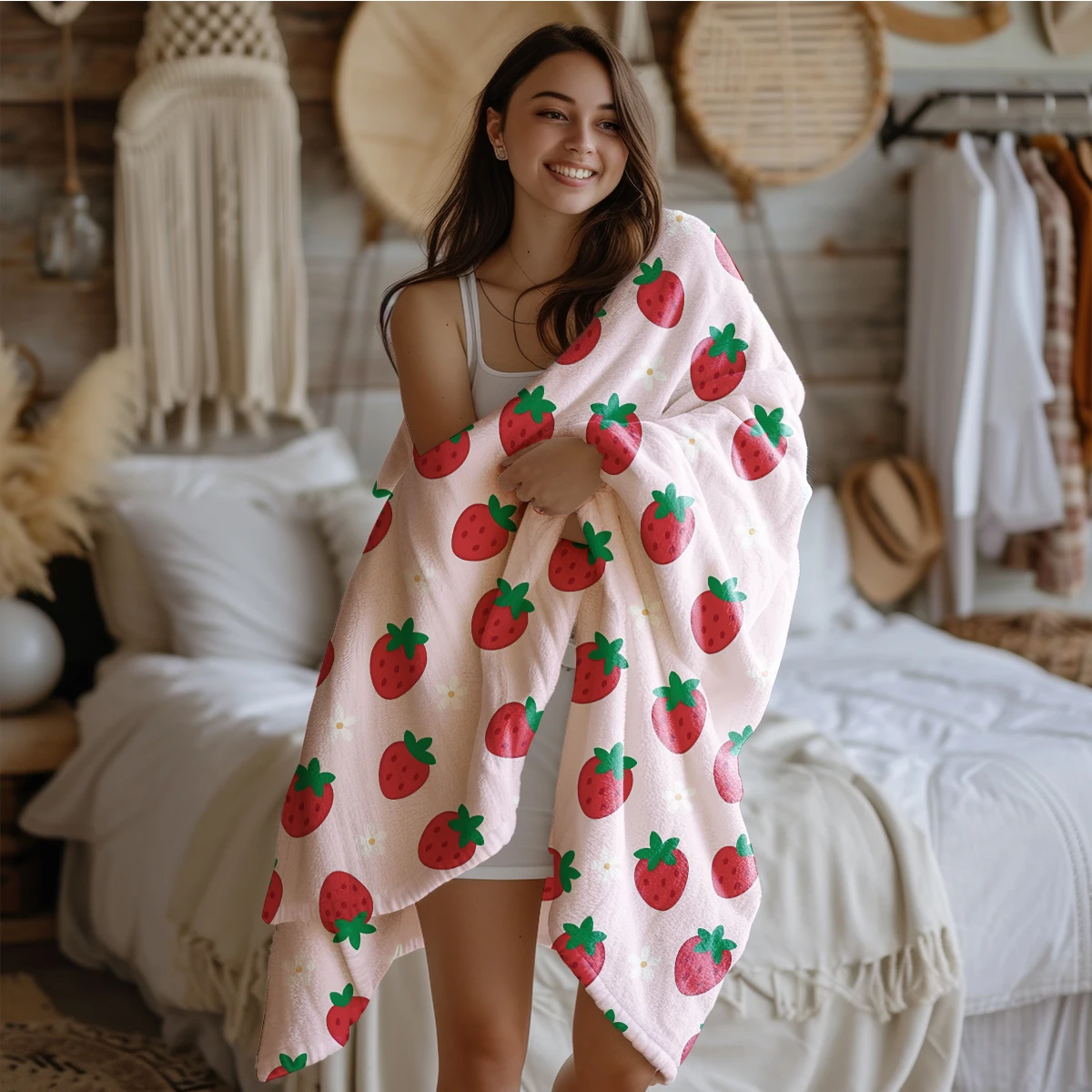 1PC rote Erdbeere bedruckte Flanelldecke, Wohnzimmersofa, Schlafzimmerdecke, Nickerchenschaldecke, erhältlich in mehreren Größen Image
