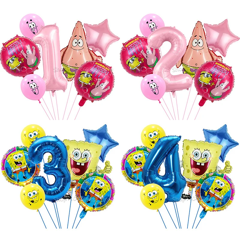 7 Stück SpongeBob Themenballons 32 Zoll 1-9 Zahlenballon Patrick Star Ballon für Kindergeburtstag Party Babyparty Dekoration Zubehör Image
