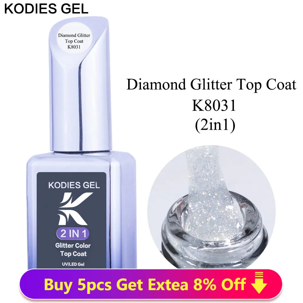 KODIES GEL Diamond Top Coat für Nagellack, 15 ml, superglänzender UV-Gel-Nagellack, Soak Off Semi Permanent Glitter Topcoat, kein Abwischen Image