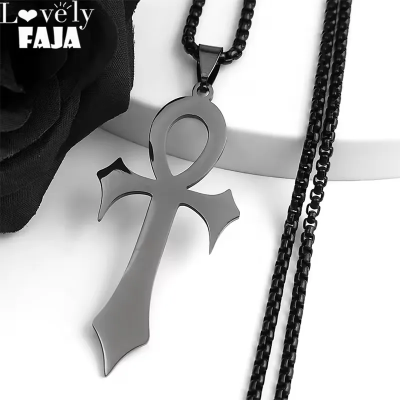 Goth Ägyptisches Kreuz Ankh Schlüssel des Lebens Halskette Edelstahl Schwarz Farbe Amulett Religiöse Halsketten Gothic Schmuck Geschenk N8582 Image