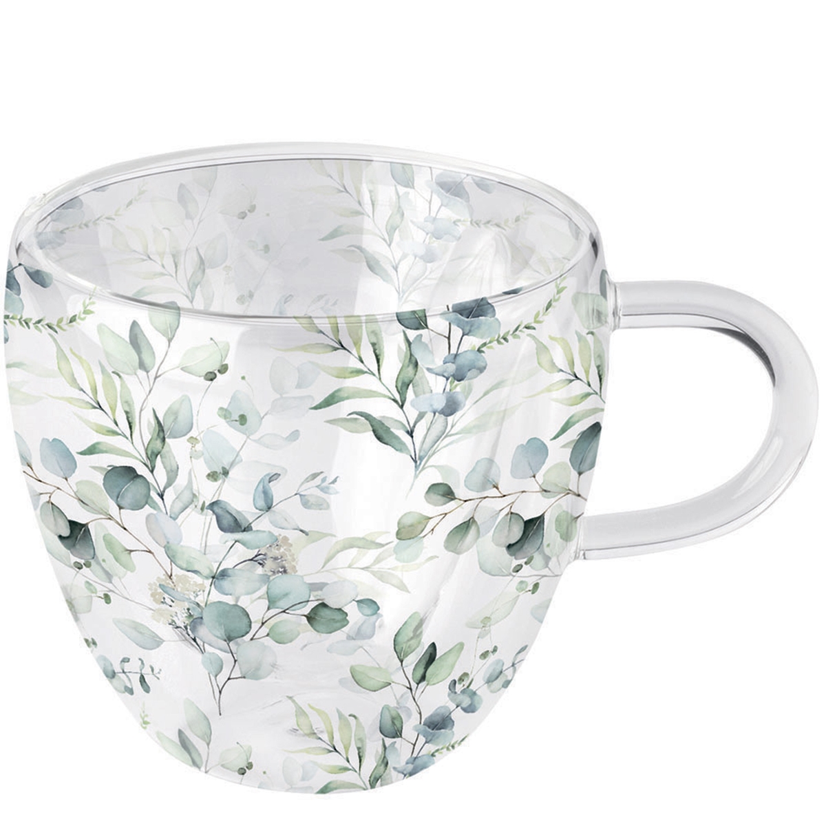 Ambiente Tasse 10cm Glas doppelwandig mit Eukalyptus Motiv - 0,2L Glastasse Glasgeschirr Kaffeeglas Teeglas Kaffeetasse Teetasse Kakaotasse Image