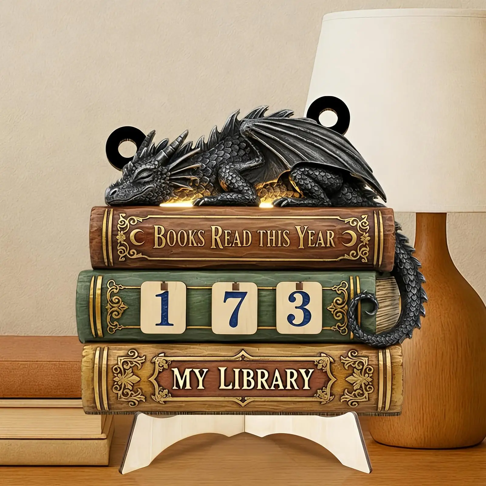 Buch-Lesezähler aus Holz: Leseschwierigkeits-Challenge-Ornament mit Drachenprägung – Buch-Tracker zur Anzeige von Leseleitern und als Deko für Bücherregale Image