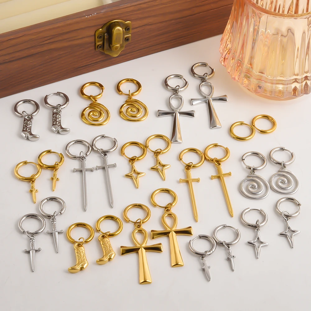 1 paar Kein Verblassen Gothic Schwert Kreuz Stern Anhänger Hoops Ohrringe Hip Hop Ägyptischen Ankh Leben Kreuz Frauen Party Pendientes schmuck Image