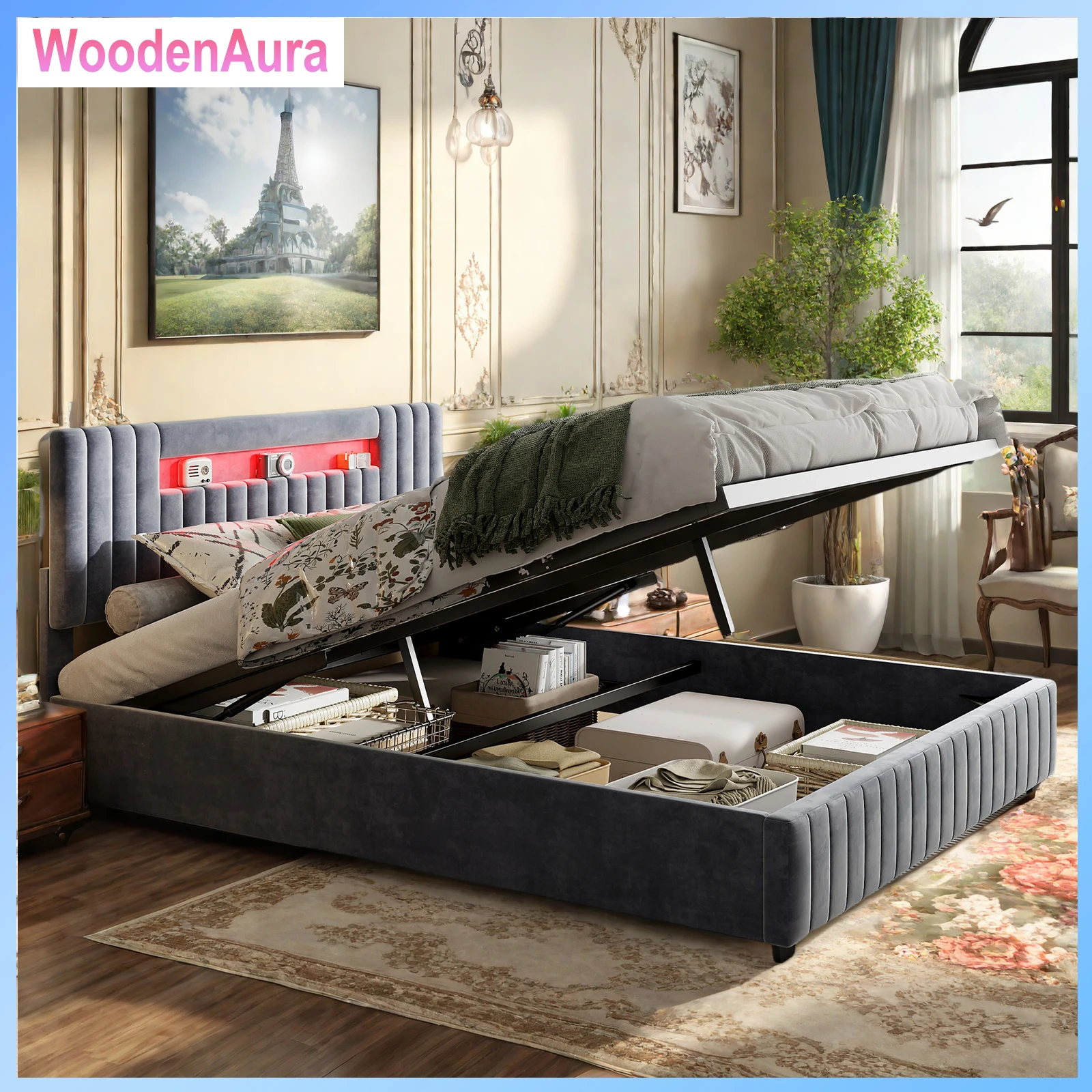 Bett 160x200 cm mit LED-Lichtleiste und Lattenrost, Bett mit Stauraum, Boxspringbett, Bettgestell, Samt, grau