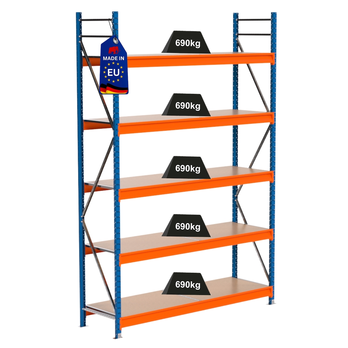 PROREGAL Industrie Schwerlastregal MAXIMUS PRO, Grundregal, HxBxT 300x200x60cm, 5 Ebenen, Spanplatten-Fachboden, Fachlast 690 kg, Blau/Orange Image