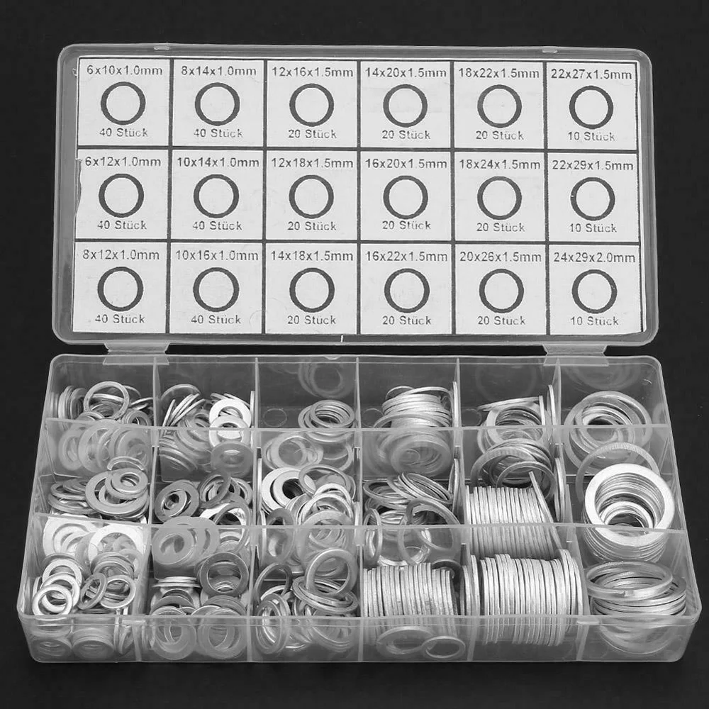Heißer Verkauf 200/280/450Pcs Aluminium Flache Dichtungen Unterlegscheiben Verschiedene Dichtung Metall Dichtungsscheibe Verschiedene Aluminium Dichtungsringe