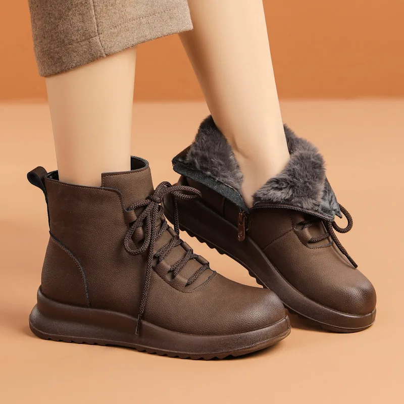 2025 Winter Echtes Leder Schuhe Frauen Schnee Stiefel Dicke Sohle 3 cm Warme Plüsch Marke Damen Stiefeletten Plus Größe 41 d719