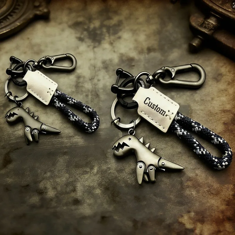 Individuelles LOGO, niedlicher Cartoon-Metall-Dinosaurier-Schlüsselanhänger, Lasergravur, gewebtes Seil, Leder, Auto-Schlüsselanhänger, Rucksack, Schlüsselanhänger, Geschenk Image