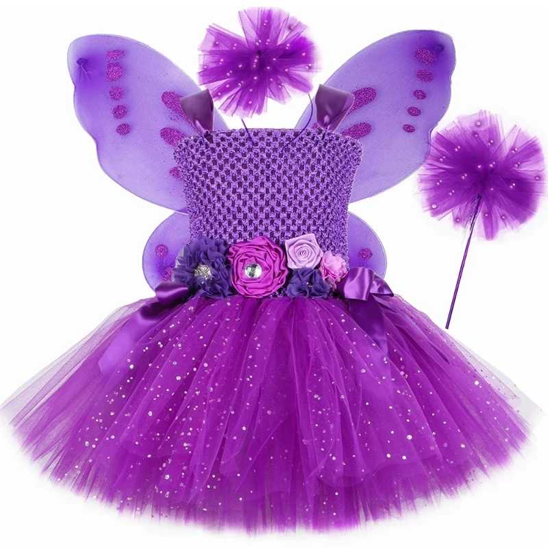 Lila funkelndes Feen-Tutu-Kleid für Babys, Weihnachtskostüme für Kinder, Neujahrs-Outfit, Prinzessin-Geburtstagskleider mit Flügel Image
