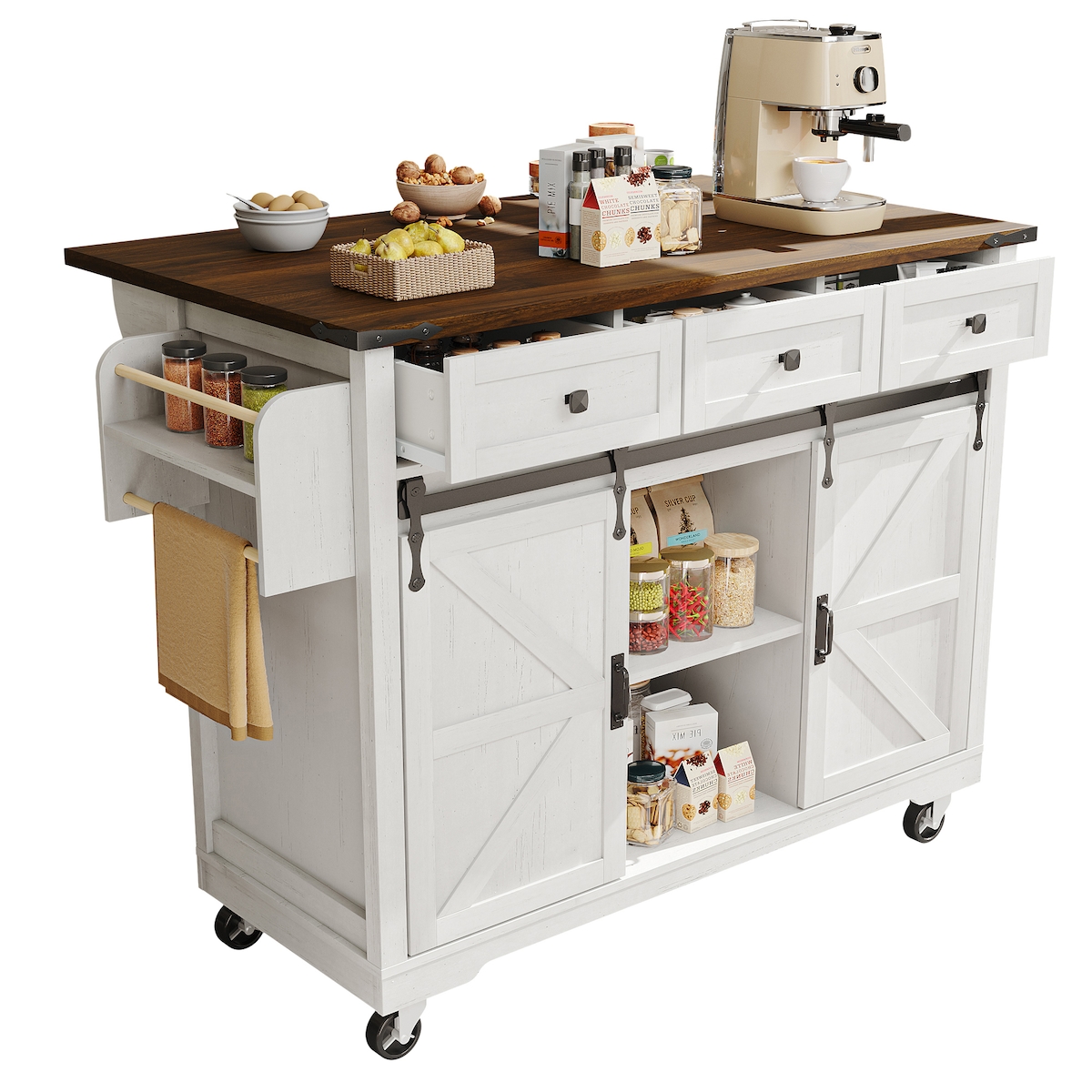 STILVORA Kücheninsel Servierwagen 140x73x94 cm klappbare Arbeitsplatte 3 Schubladen 2 Schiebetüren auf Rollen Handtuchhalter Becherhalter Beige MDF Image