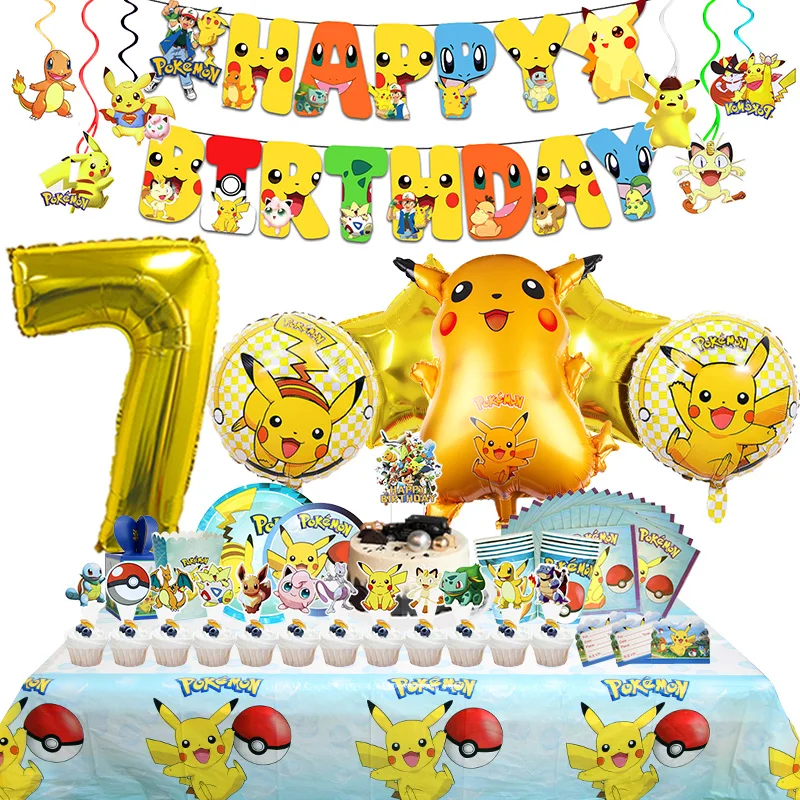 Pokemon Geburtstag Party Dekoration Hintergrund Aluminium Folie Latex Ballon Für Kinder Einweg Geschirr Pikachu Event Liefert