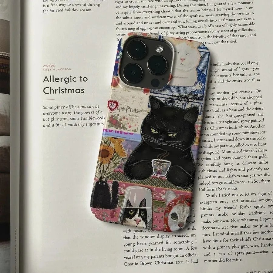 Funky Unique Black Cat Drinking Coffee Schöne Handyhülle für iPhone 17, 16, 15, 14, 13, 12, 11, Air Pro Max Plus, glänzender Film, harter PC Image