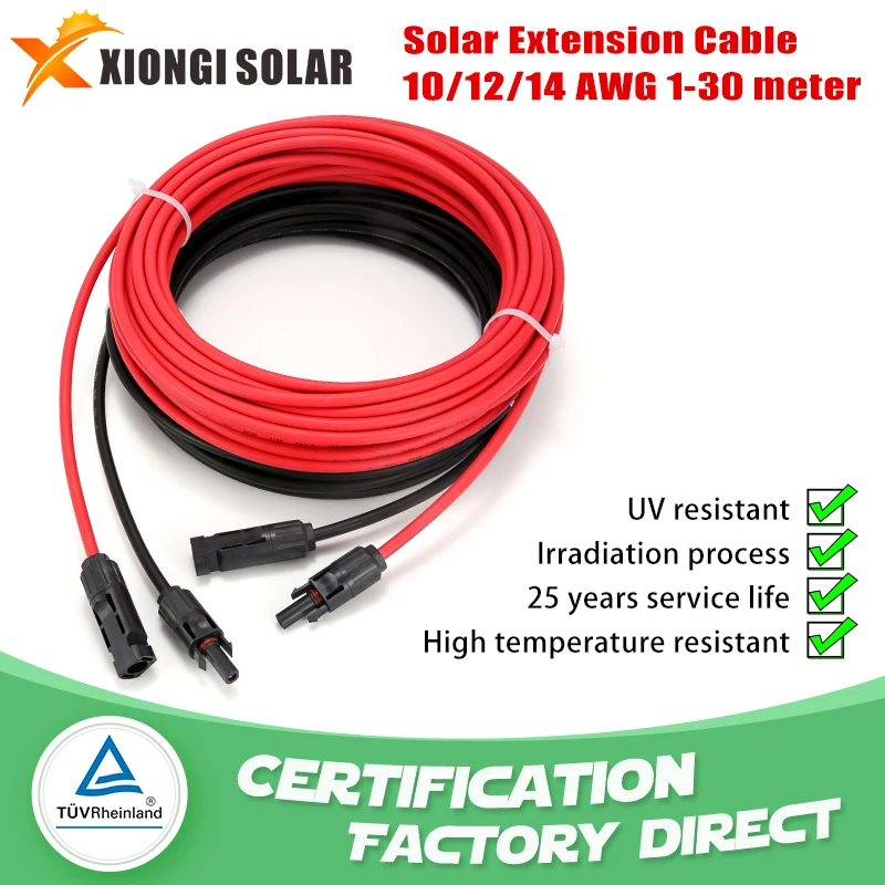 XIONGISOLAR Solar-PV-Kabeldraht Schwarz + Rot 2,5/4/6 mm2 mit Verlängerungskabel männlich und weiblich US-Stecker 10/12/14 AWG Solar-PV-Drähte Image