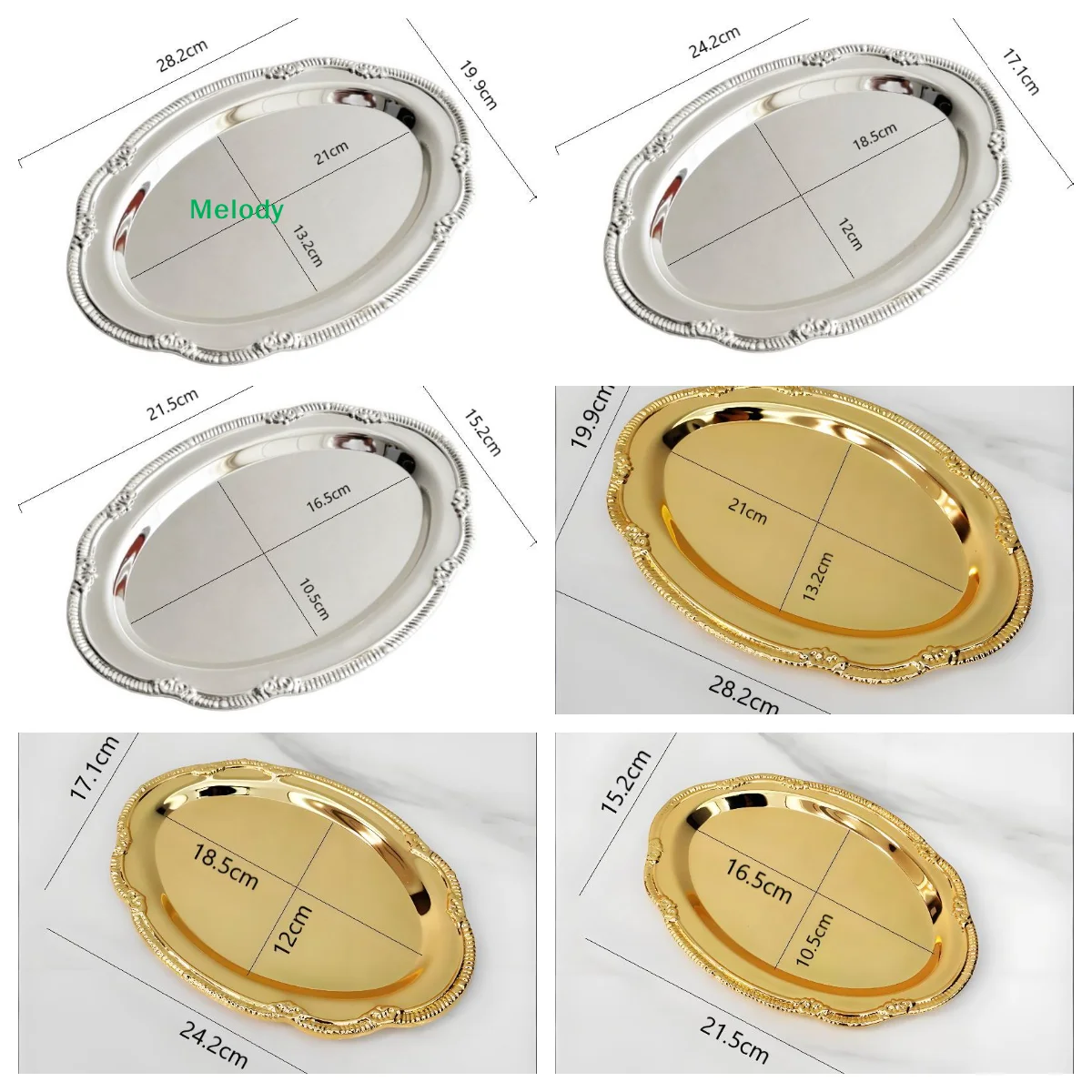  Ovale dekorative Serviertabletts – 3 Größen Gold/Silber Edelstahlplatte für Party, Couchtisch und Heimdekoration Image