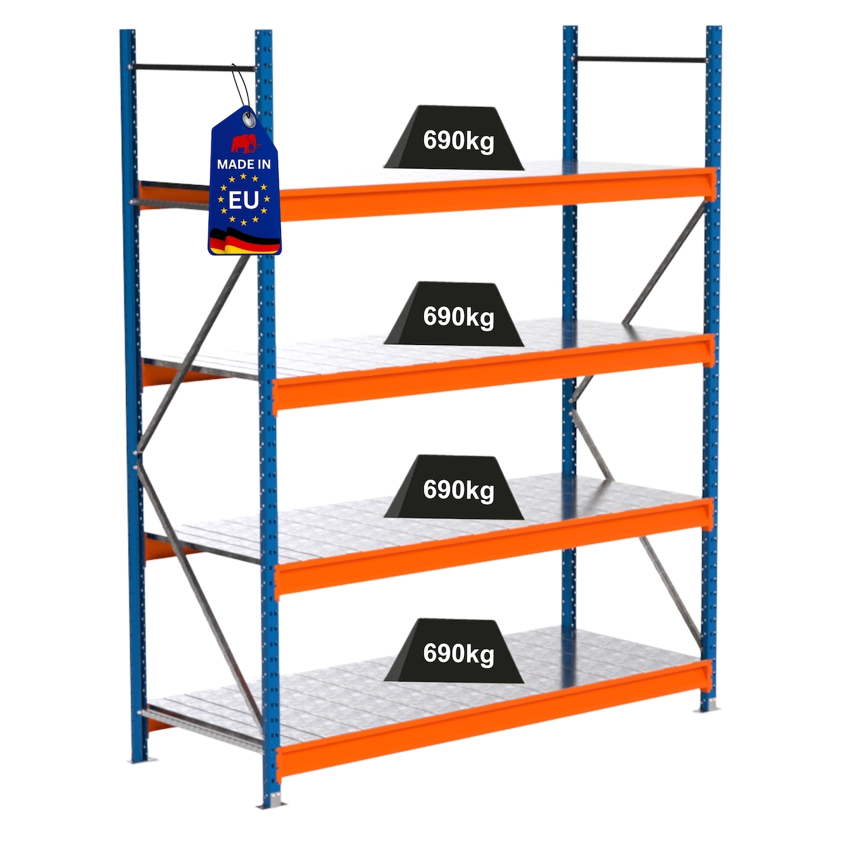 PROREGAL Industrie Schwerlastregal MAXIMUS PRO, Grundregal, HxBxT 250x200x80cm, 4 Ebenen, Stahlplatten-Fachboden, Fachlast 690 kg, Blau/Orange Image