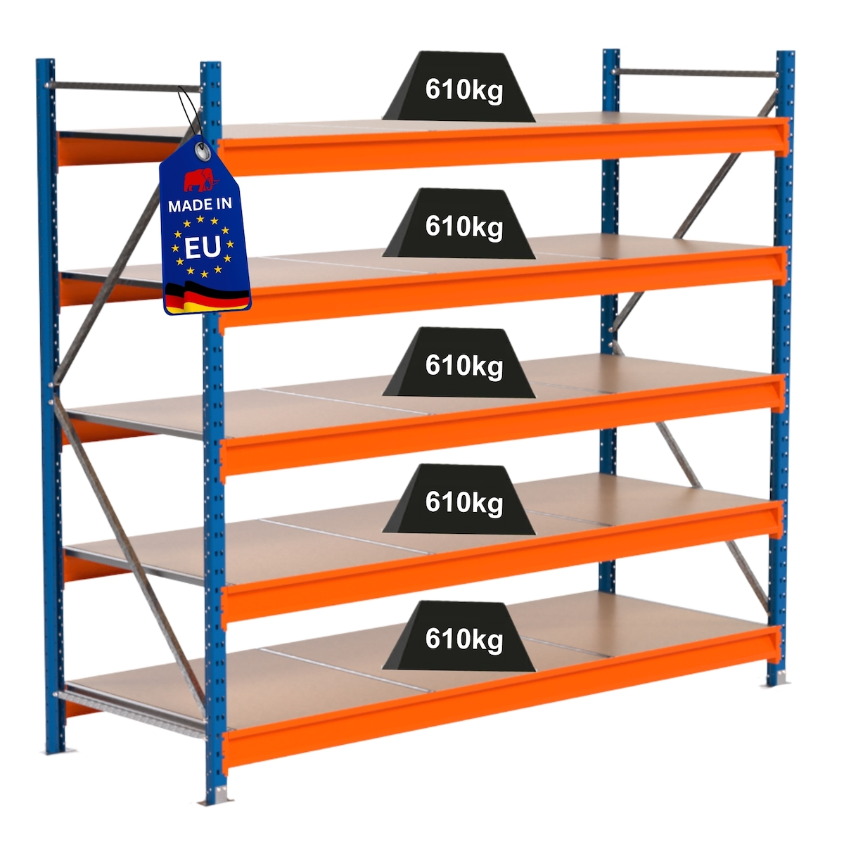PROREGAL Industrie Schwerlastregal MAXIMUS PRO, Grundregal, HxBxT 200x225x80cm, 5 Ebenen, Spanplatten-Fachboden, Fachlast 610 kg, Blau/Orange Image