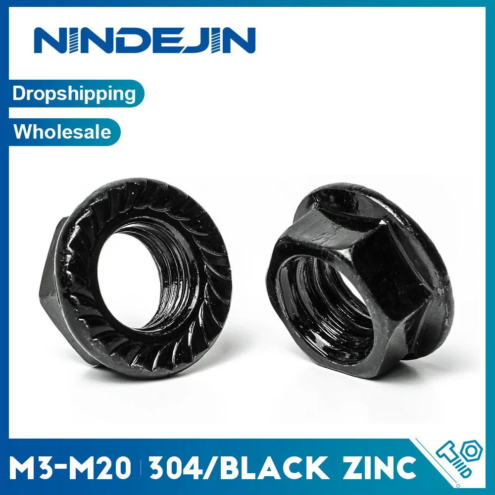 NINDEJIN Schwarze Flanschmutter, Kohlenstoffstahl, gezahnte Flansch-Sicherungsmutter, M3, M4, M5, M6, M8, M10, M12, gezahnte Sicherungsmutter, Spinlock-Sechskantmutter Image