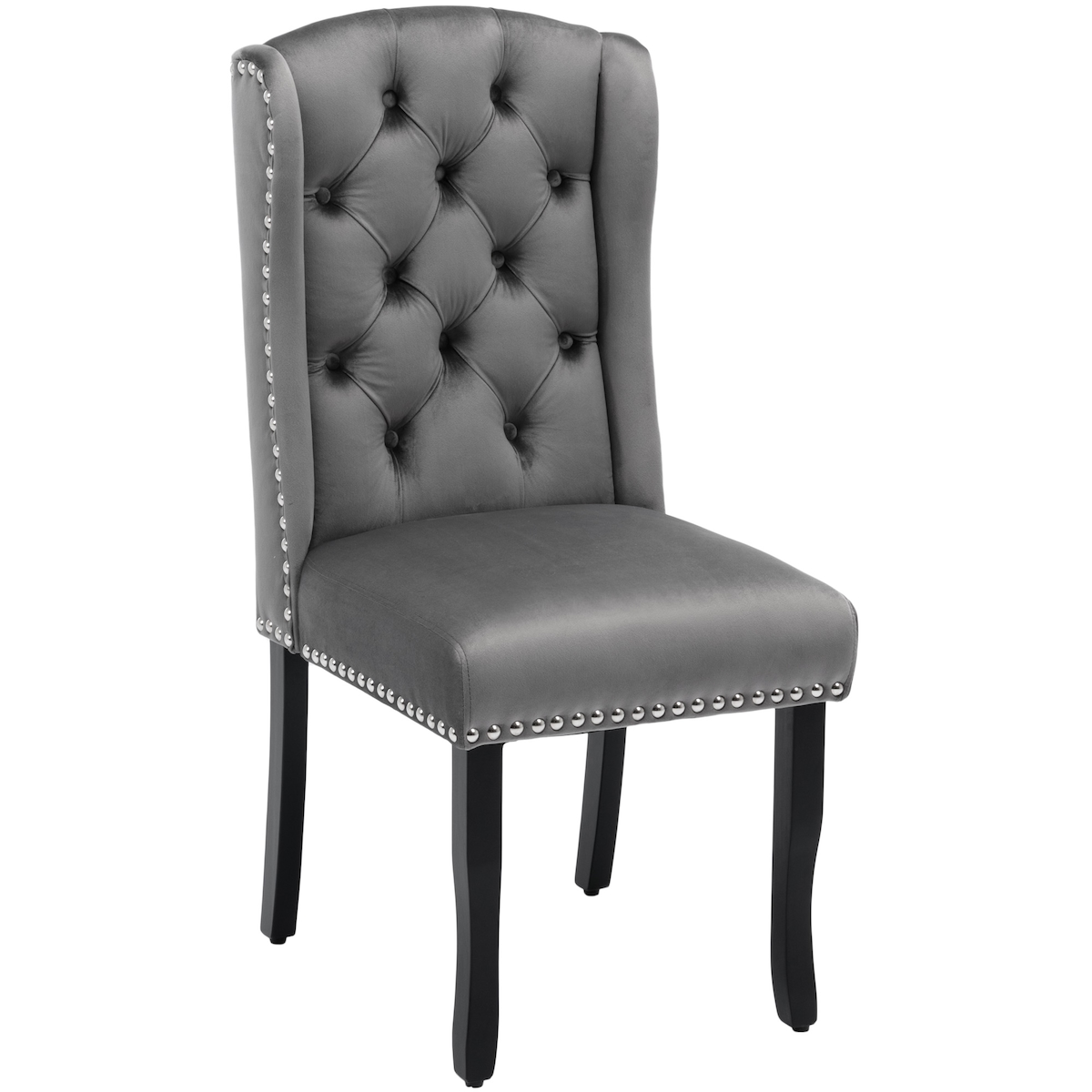 OKWISH Esszimmerstuhl 2er Set Samt Grau 100x61x45 cm mit Eichenbeinen Knopfheftung Nietenbesatz und Zuglasche, bequem und modern Image