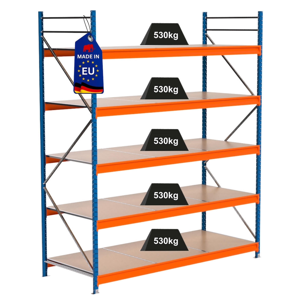 PROREGAL Industrie Schwerlastregal MAXIMUS PRO, Grundregal, HxBxT 300x250x100cm, 5 Ebenen, Spanplatten-Fachboden, Fachlast 530 kg, Blau/Orange Image
