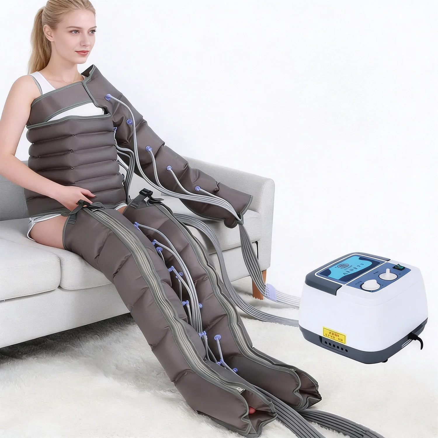 Neuer 6-Kammer-Luftdruck-Beinmassagegerät mit erweitertem Luftdrucksystem für Knie, Arme, Taille, Oberschenkel und Füße zur Entspannung und Komfort Image