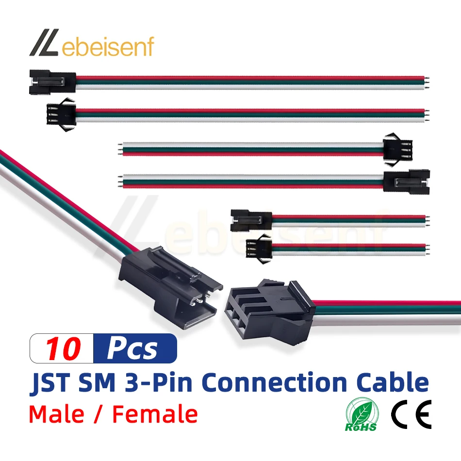 JST SM 3-polige Rastermaß 2,54 mm weiblich männlich Steckverbinder WS2812B WS2811 LED-Lichtleisten-Verbindungskabel 10 cm 15 cm 20 cm 30 cm 22 AMG-Draht Image