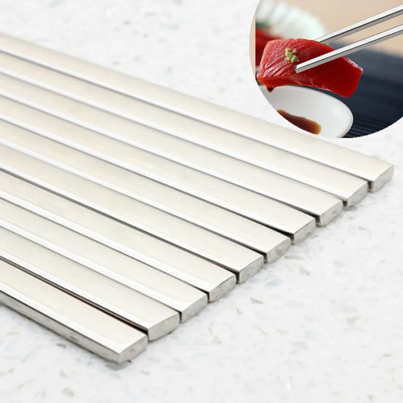 5 Paar flache Essstäbchen chinesische koreanische Essstäbchen hochwertige Edelstahlstäbchen Japan Sushi Küchenzubehör Image