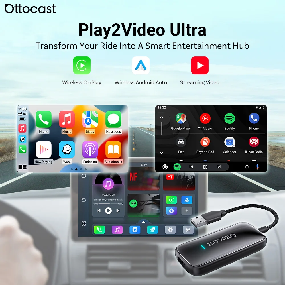 Ottocast Play2Video Ultra Kabelloses CarPlay Android Auto WiFi6 AI-Box Mediaplayer YouTube Netflix Dual-WiFi App-Installation für VW Image