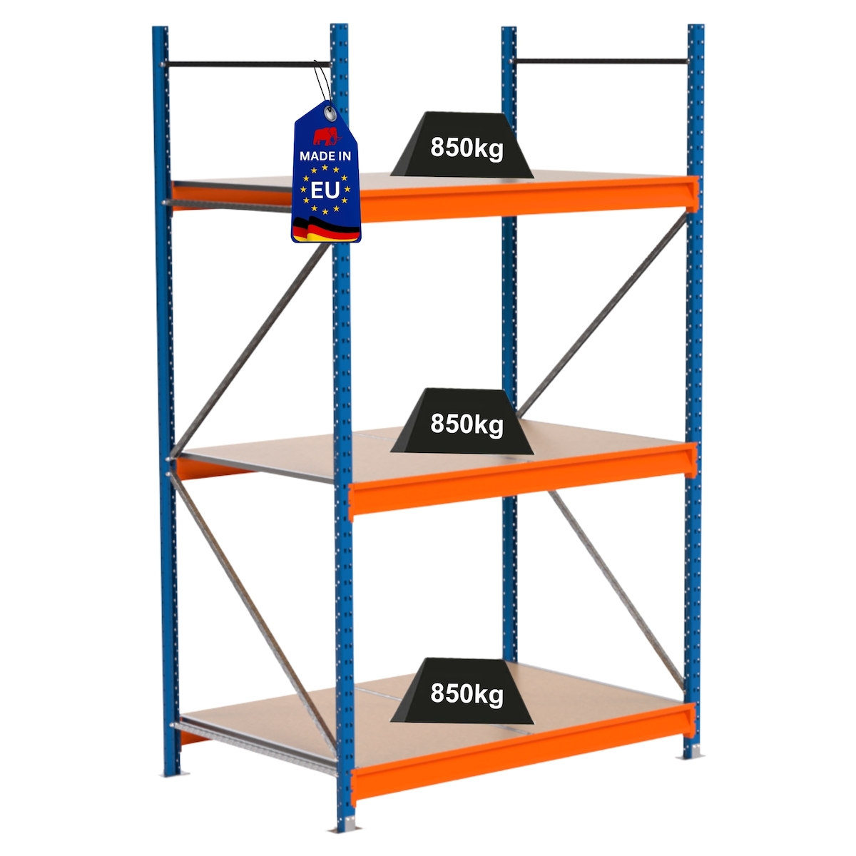 PROREGAL Industrie Schwerlastregal MAXIMUS PRO, Grundregal, HxBxT 250x150x100cm, 3 Ebenen, Spanplatten-Fachboden, Fachlast 850 kg, Blau/Orange Image