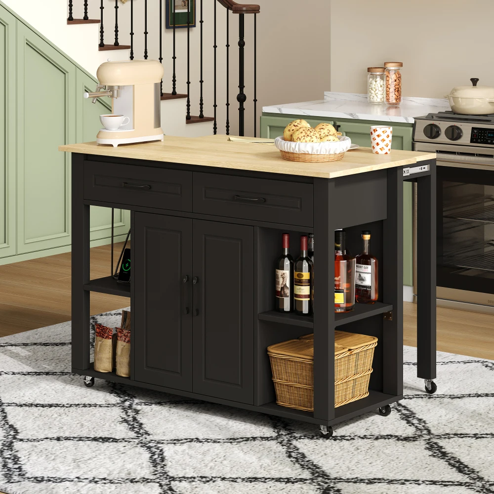 120 cm Ausziehbare Mobile Kücheninsel mit Bartheke und Steckdosen, mit 2 Schubladen und 2 Schranktüren mit Regalböden