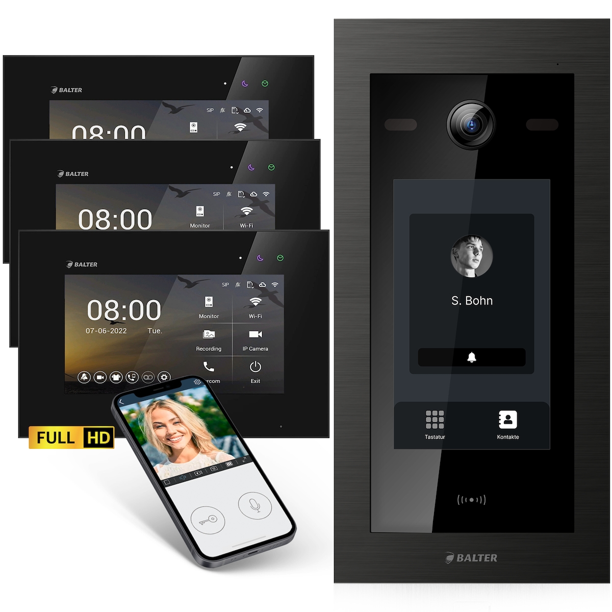 Balter EVO-HD Video Türsprechanlage mit Touchscreen, App, 1 Familienhaus, 3x 7 Zoll Monitor, Türklingel mit Kamera Full HD, 2 Draht Bus, schwarz Image