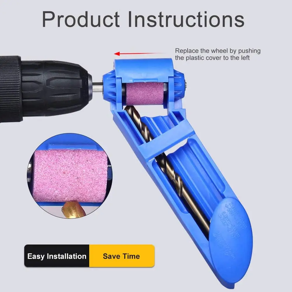 Bohrbetriebenes tragbares Bohrerschärfer-Set, 2 Nuten, Spiralspitze, Korundrad, 2–2,5 mm Bohrerschleifen (blau/orange), 1 Stück Image