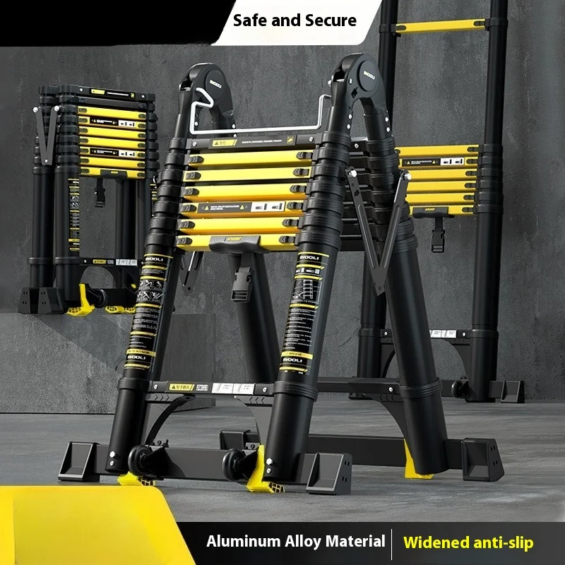 Hochwertige Teleskopleiter aus verdickter Aluminiumlegierung, hochwertige Klappleiter, gerade Leiter, Kletterleiter mit Bambusverbindungen Image