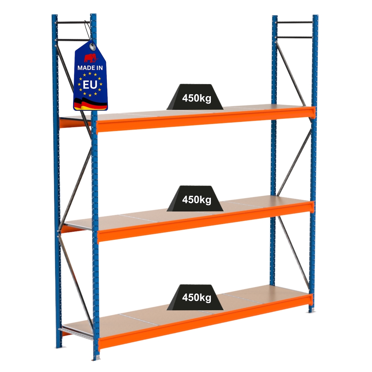 PROREGAL Industrie Schwerlastregal MAXIMUS PRO, Grundregal, HxBxT 300x275x60cm, 3 Ebenen, Spanplatten-Fachboden, Fachlast 450 kg, Blau/Orange Image