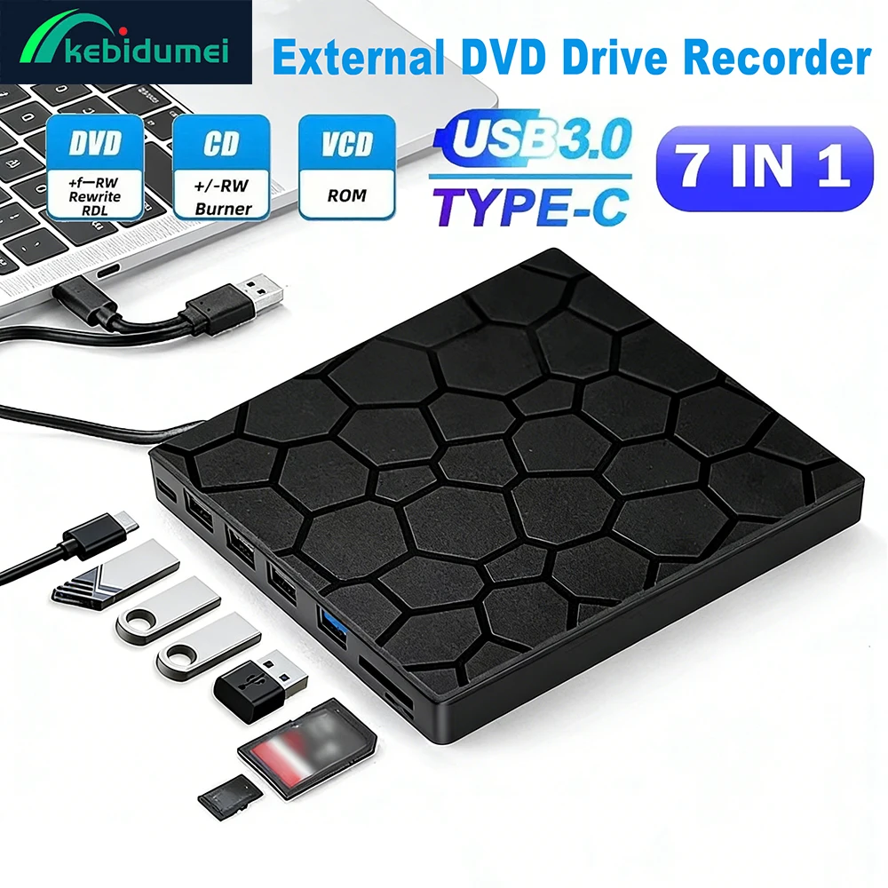 Kebidumei 7-in-1 externer DVD-Player CD/DVD-Laufwerk Recorder USB3.0 Typ C CD-Brenner Externes Festplatte für Desktop Mac Win Linux Image