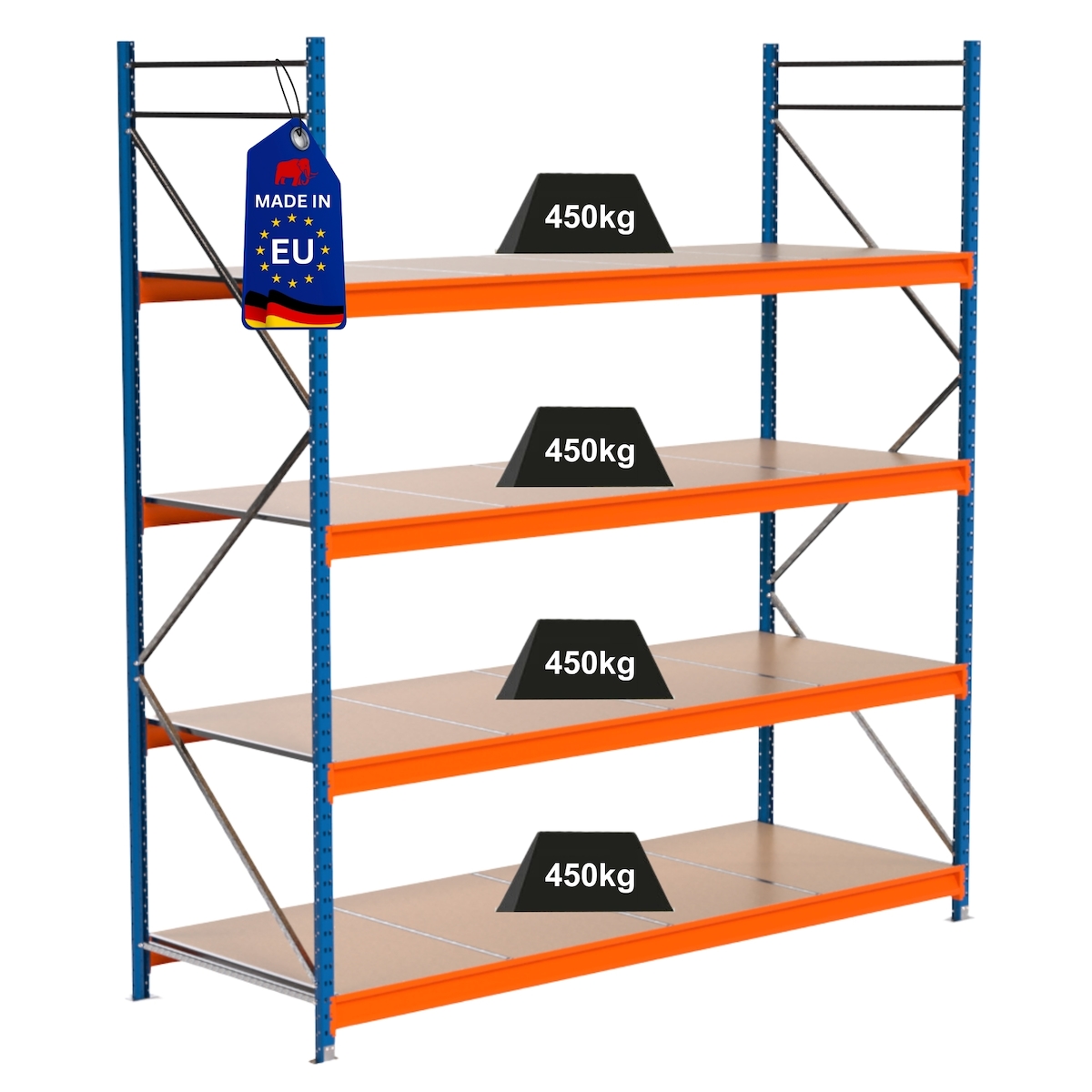 PROREGAL Industrie Schwerlastregal MAXIMUS PRO, Grundregal, HxBxT 300x275x100cm, 4 Ebenen, Spanplatten-Fachboden, Fachlast 450 kg, Blau/Orange Image