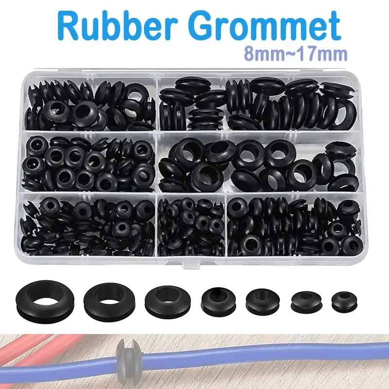 260 Stück Gummitüllen-Sets, 7 Größen (8 mm, 9 mm, 10 mm, 11 mm, 14 mm, 15 mm, 17 mm) für Drahtloch-Unterlegscheibe, Verdrahtungsspule, Firewall, Kfz-O-Ring Image