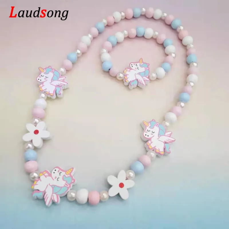 Cartoon Bunte Holz Einhorn Blume Tier Kind Pullover Halskette Armband Mädchen Geschenke kinder Schmuck Kinder Spielzeug 2pc Image