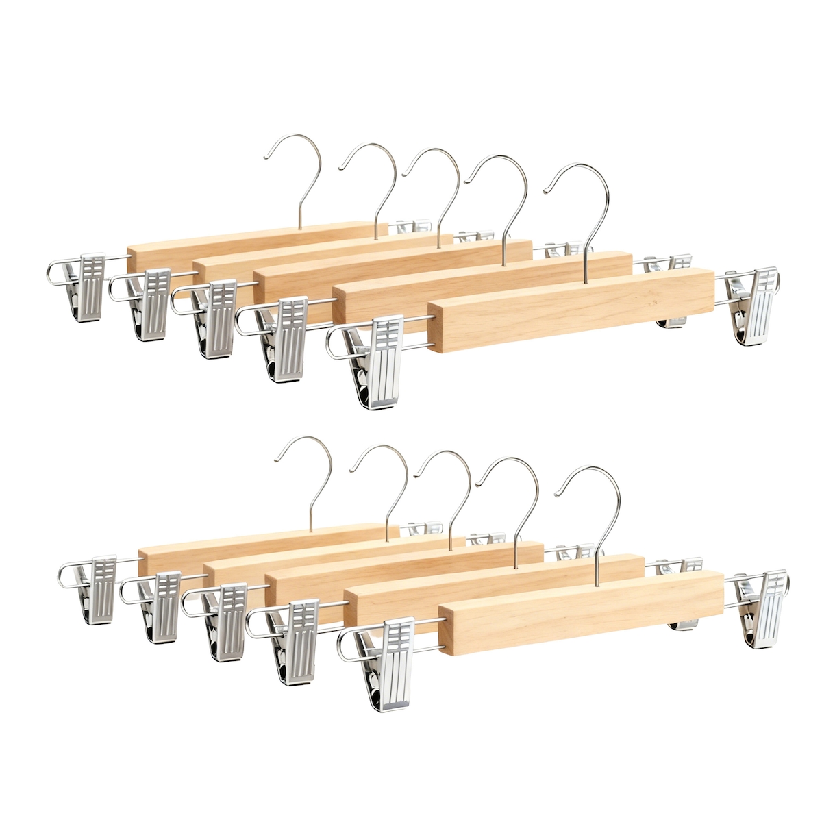 Relaxdays Hosenbügel 10er Set, je 2 Klammern, Clipkleiderbügel für Hosen & Röcke, HBT: 12x36x1,2 cm, Holz & Eisen, natur Image