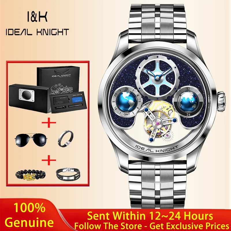 IDEAL KNIGHT 6808 Echte Tourbillon-Uhr Hochwertige Luxus-Automatikuhr mit HD Blauem Erdkugel-Zifferblatt Wasserdichte Sportuhr für Herren Image