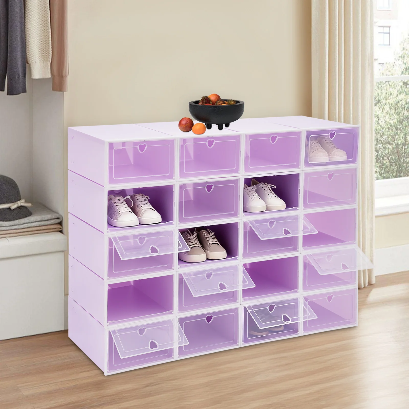 20er-Pack Schuhkartons, große Flip-Top-Aufbewahrungsbox für Schuhe, lila stapelbarer Organizer mit Herz-Design, Schrank-Organizer für Schuhe