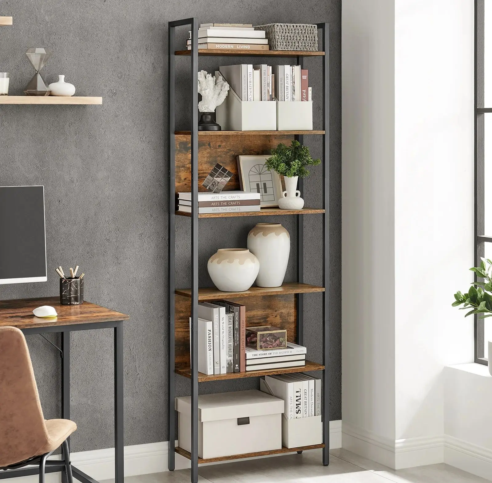 VASAGLE Standregal, Bücherregal mit 6 Ebenen, Aufbewahrungsregal, einfache Montage, braun-schwarz Image