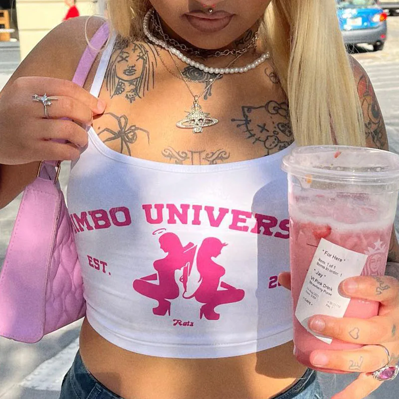 Y2k Harajuku Punk Grafiken Ärmellose Sexy Crop Top frauen Kleidung 2023 Vintage Brief Drucken Baby T Streetwear Frauen T-shirt Image